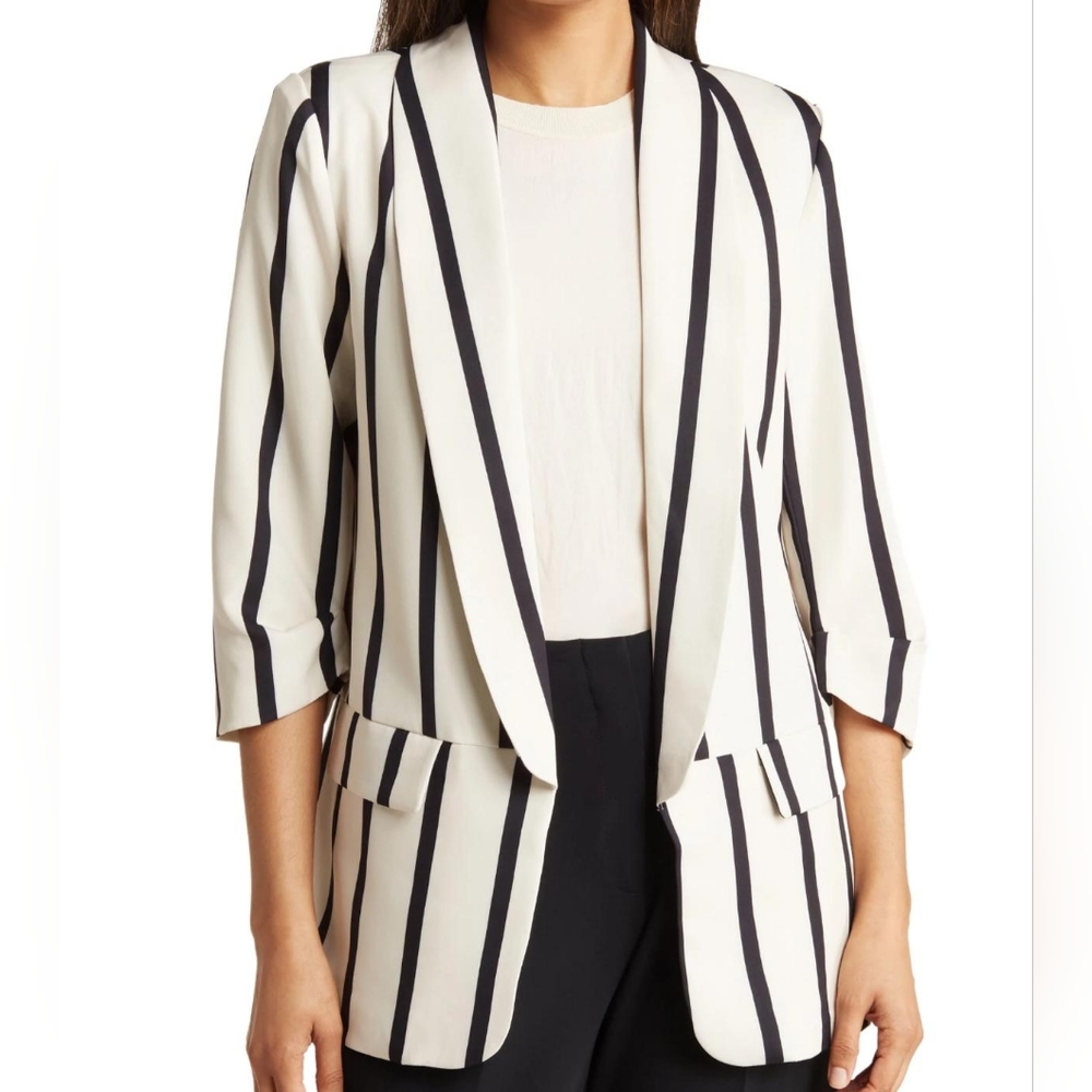 PLM Striped Blazer Cream Dark Navy Open Front Pockets 3/4 Sleeve XS Relaxed XS